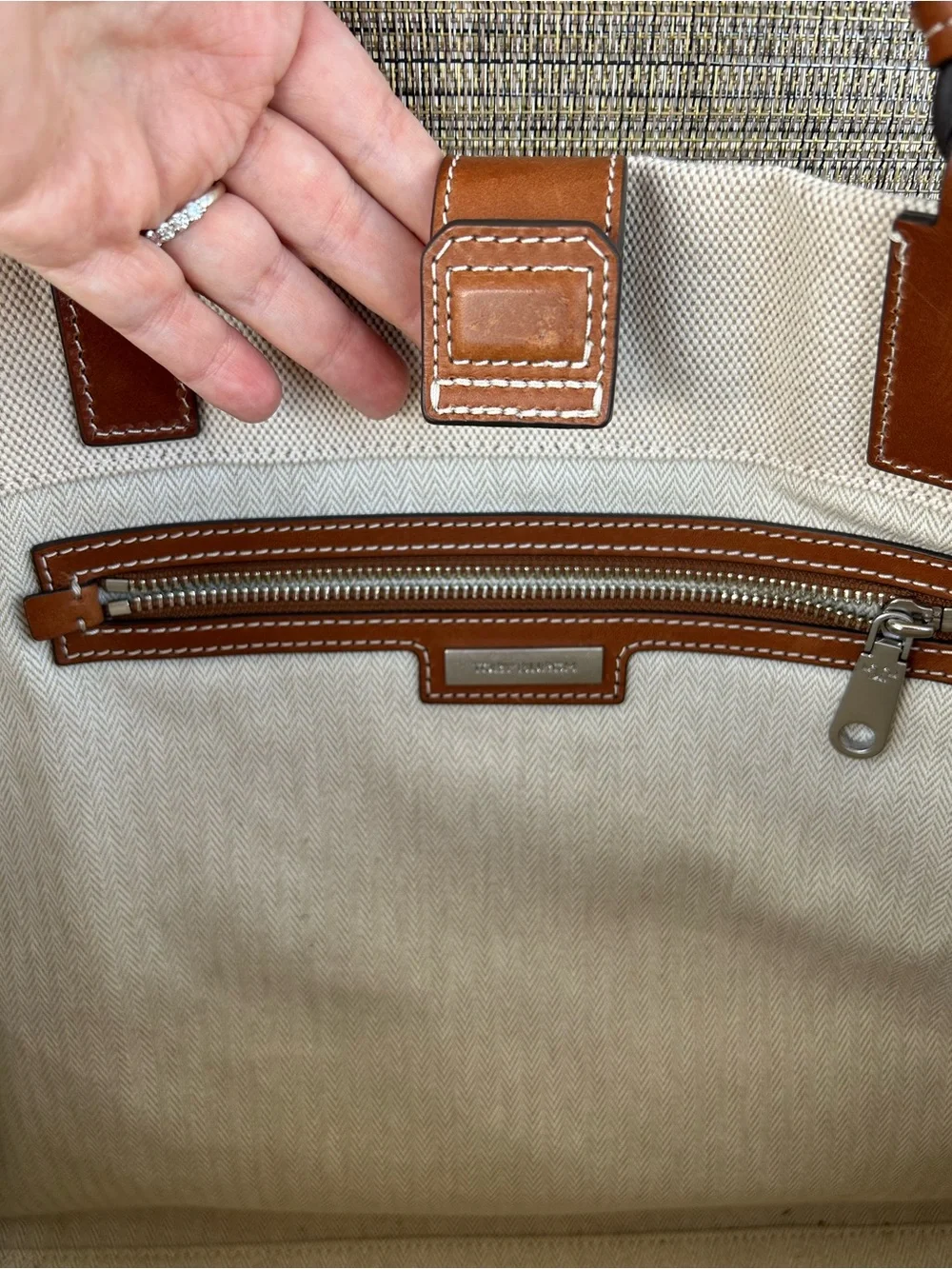 TORY BURCH Ella Canvas tote large Brown Leather Natural Classic Cuoio Bag Auth